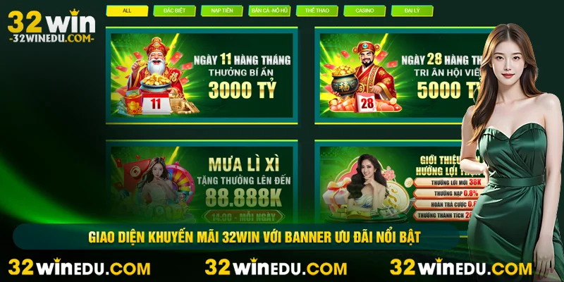 Giao diện khuyến mãi 32WIN với banner ưu đãi nổi bật